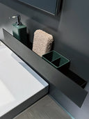 MA002 black bathroom shelf by Molteforme with organiser for cosmetics beside a washbasin